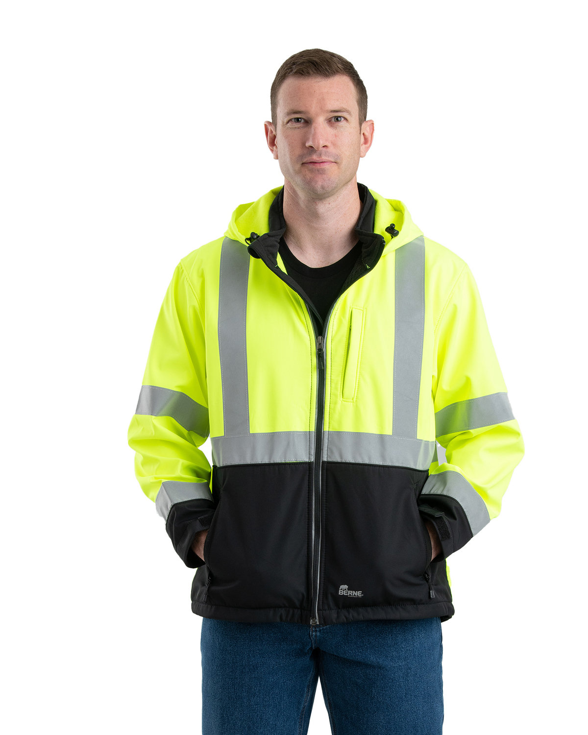 Mens Hi&#45;Vis Class 3 Hooded Softshell Jacket-Berne