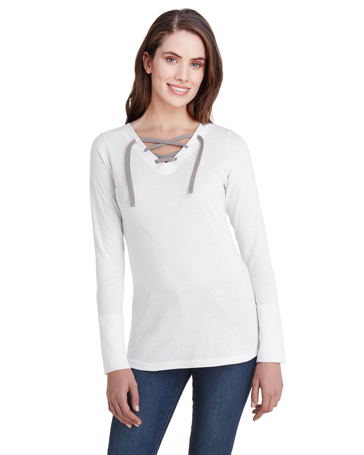 Ladies Long Sleeve Fine Jersey Lace-Up T-Shirt-