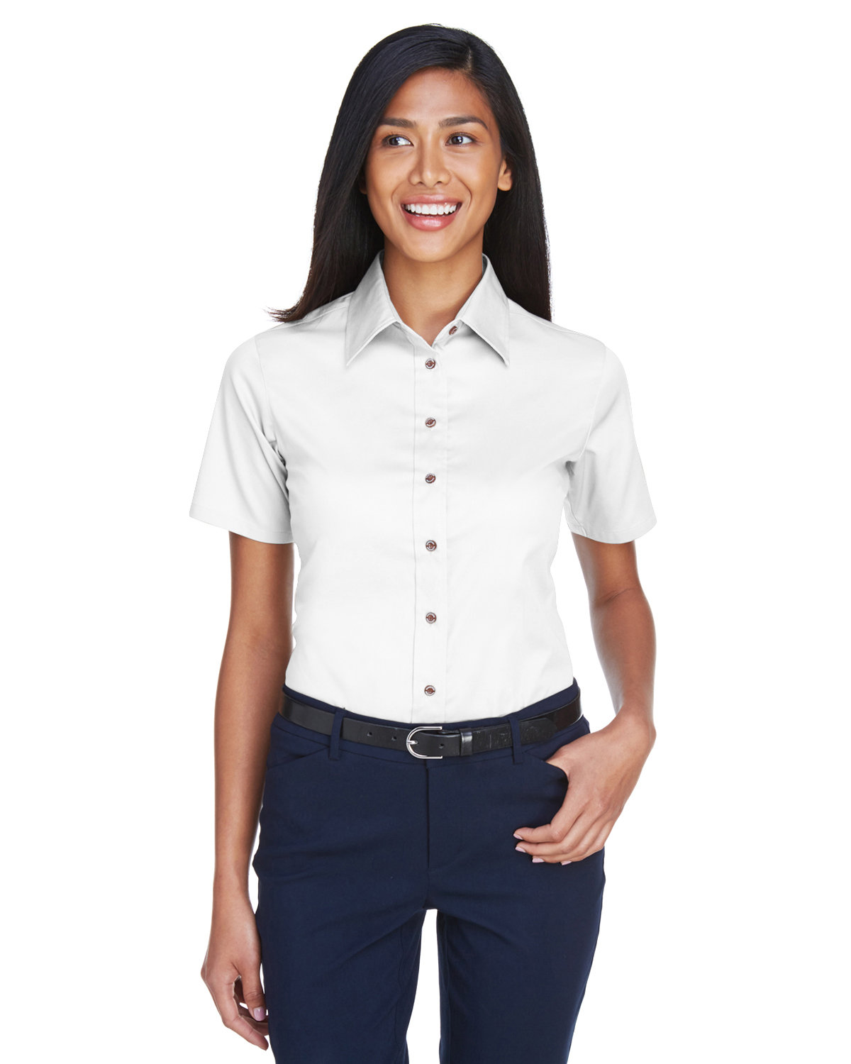 Ladies Easy Blend&#8482; Short&#45;Sleeve Twill Shirt With stain&#45;Release-Harriton