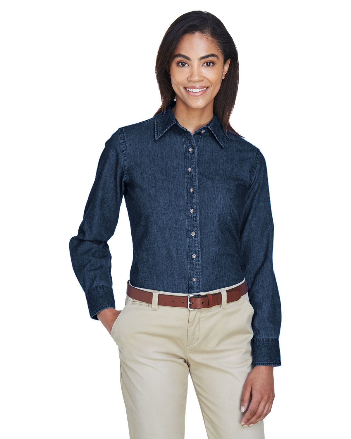 Ladies Long&#45;Sleeve Denim Shirt-Harriton