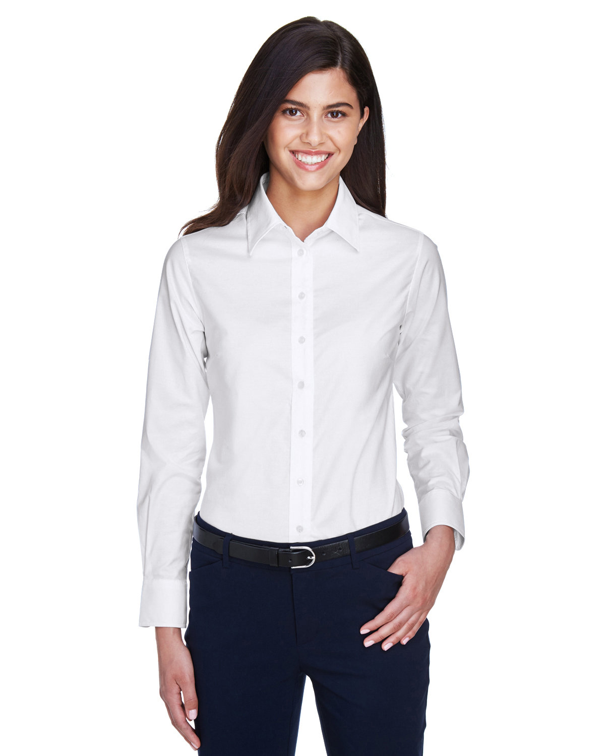 Ladies Long&#45;Sleeve Oxford With Stain&#45;Release-Harriton