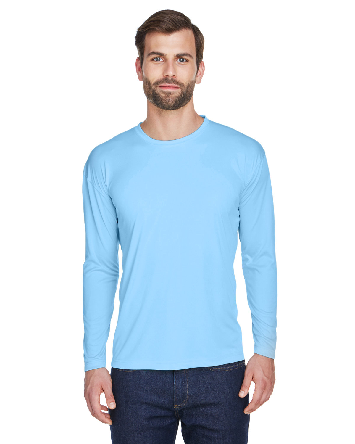 Source High quality 100% Polyester Long Sleeve Cheap Light Blue