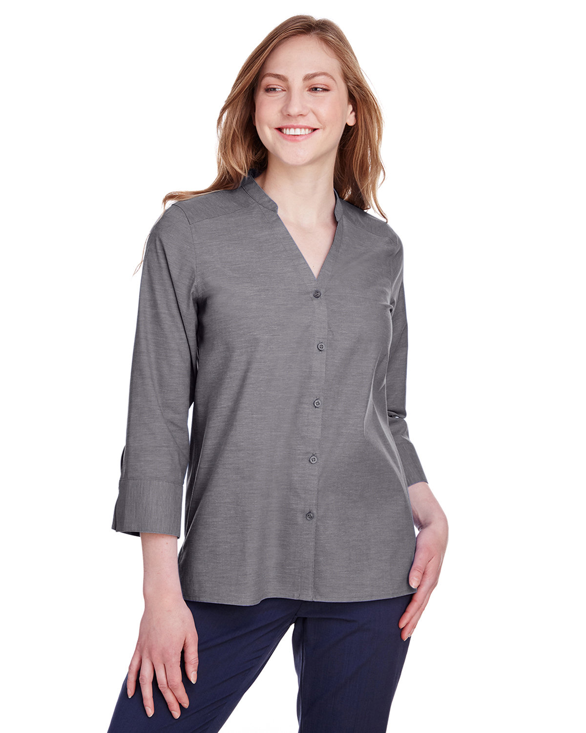 Devon & Jones Ladies' Crown Collection® Stretch Pinpoint Chambray 3/4  Sleeve Blouse